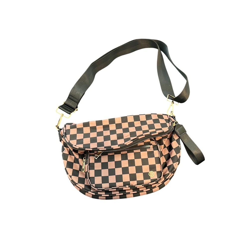 Mauve and Black Checkerboard Nylon Crossbody Bag with‎ Gold Hardware